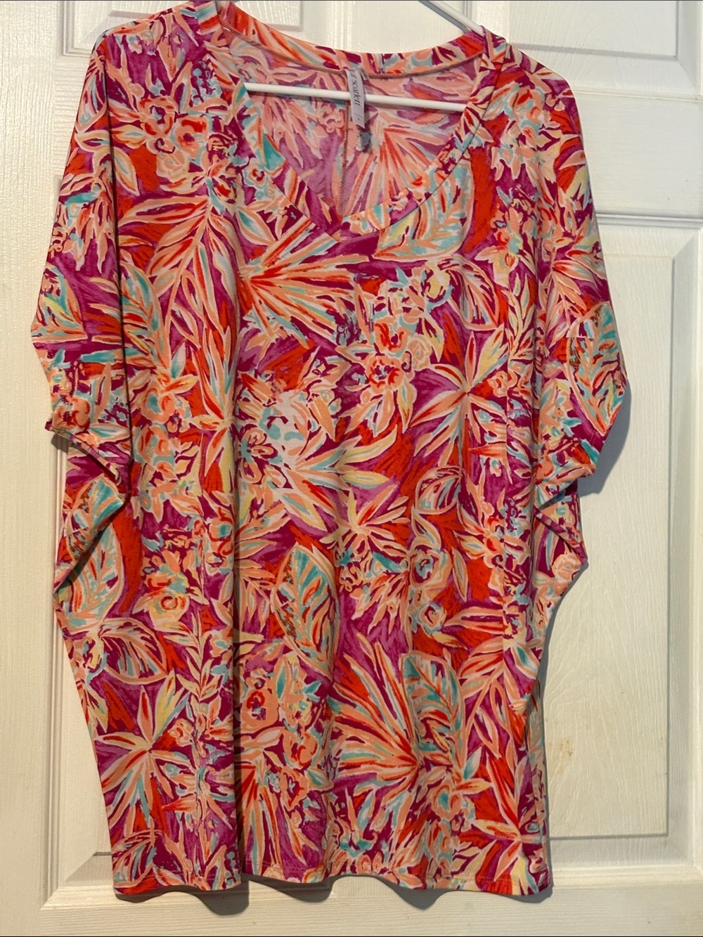 Dear Scarlett Tropical Floral V-Neck Top — Pink, Orange & Teal